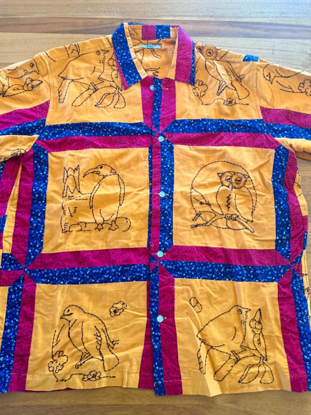 Bode Birds Embroidered Patchwork Shirt — M/L — Orange/Blue/Pink — Gently Used